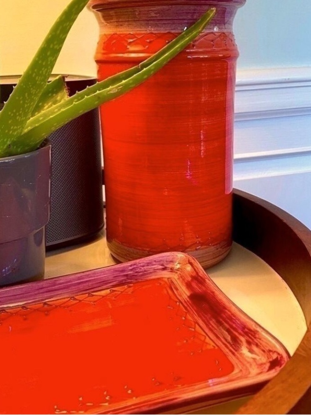 Handmade Made in France 3 Piece Orange Red Purple Pink Ceramic Vase Tray Blanket